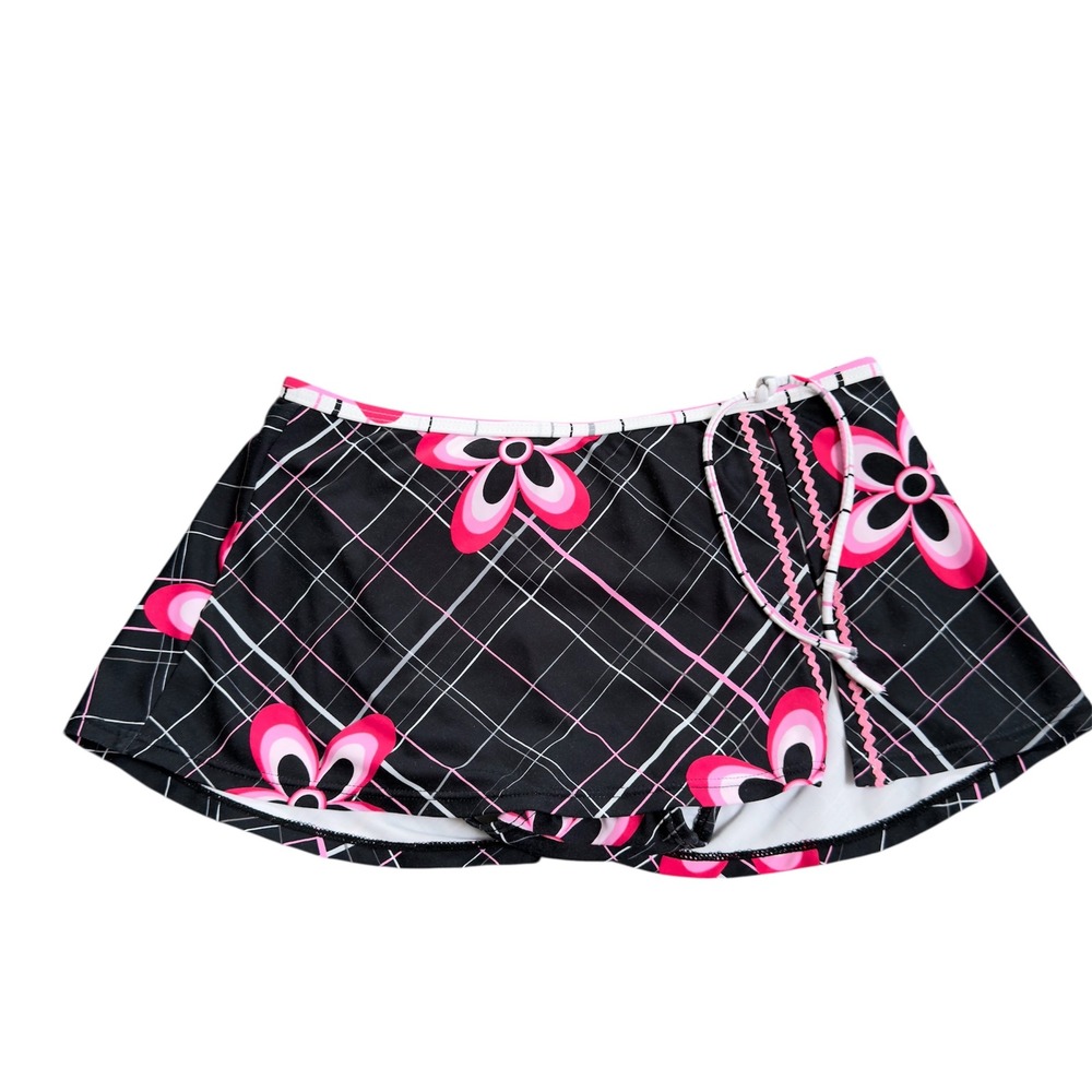 Vintage 90s Y2K women's Juniors M black pink floral bikini skirt swimsuit bottom